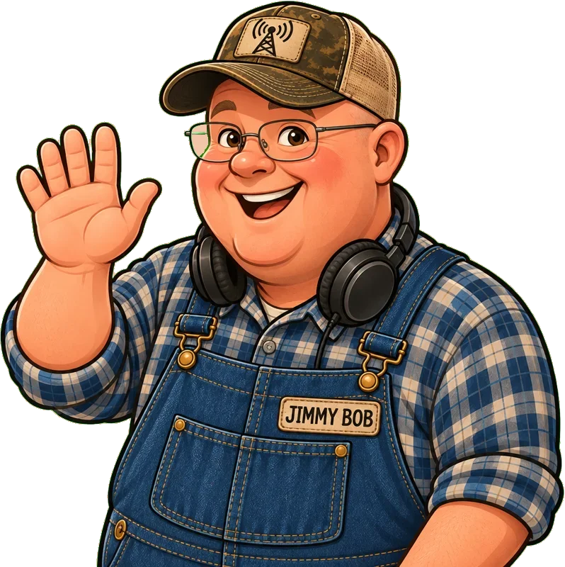 Jimmy Bob, a friendly cartoon mountain man in a trucker cap and overalls